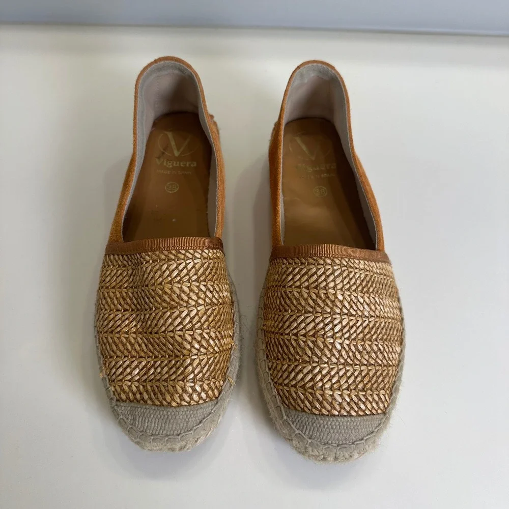 Viguera Spain Womens 38 Burnt Orange Suede Woven Straw Espadrille Flats Slip On